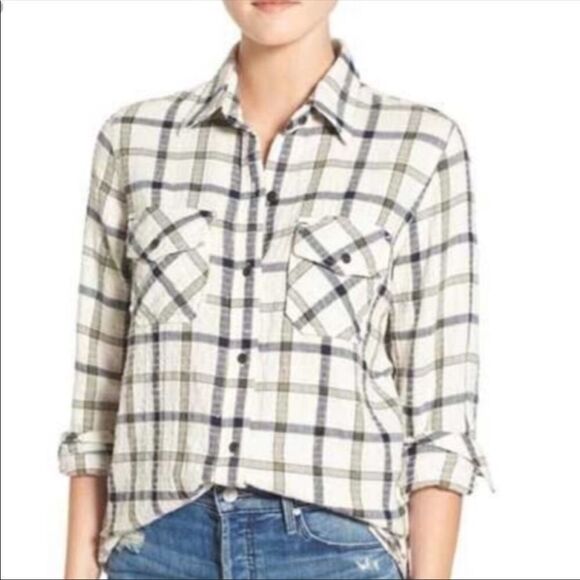 CURRENT/ELLIOTT | Plaid Button Front Shirt Cream Long Sleeve Women’s Size Small - Picture 11 of 11